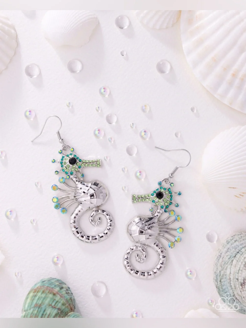 Silver Seashore Seahorse Earrings with Green Crystal Accents
